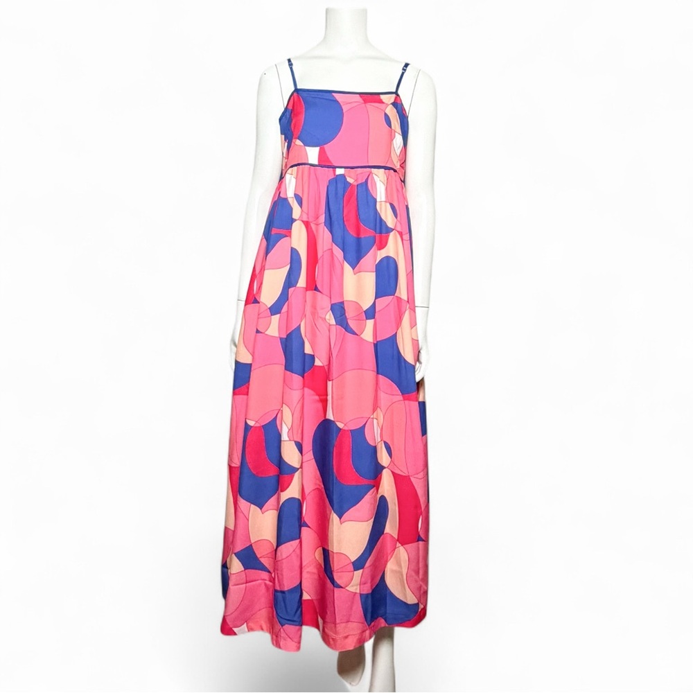 Pink Blue Geometric Resort Maxi Dress Empire Waist Vacation L Pants Store - Picture 3 of 9